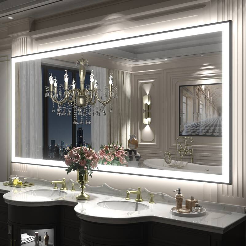 Front & Back LED Anti-Fog Tempered Glass Framed Bathroom/Vanity Mirror 3-Year Warranty - 77" x 36"-Square Corner - Black