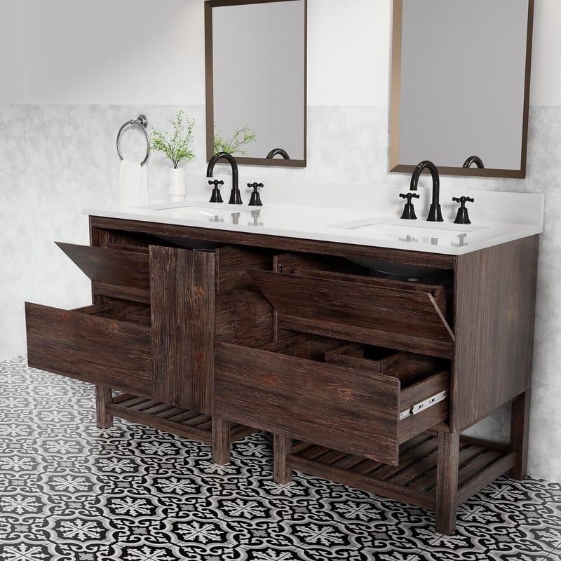 60-Inch Antique Style Solid Wood and MDF Double Sink Bathroom Vanity with Storage