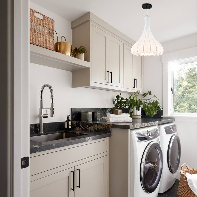 White Fluted Bell Fabric Pendant Light for Bedroom & Living Room - Dia.13.78-in