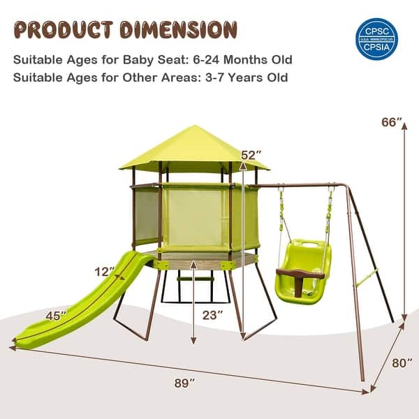 Costway 4-in-1 Swing Set with Covered Playhouse Fort Height Adjustable - See Details