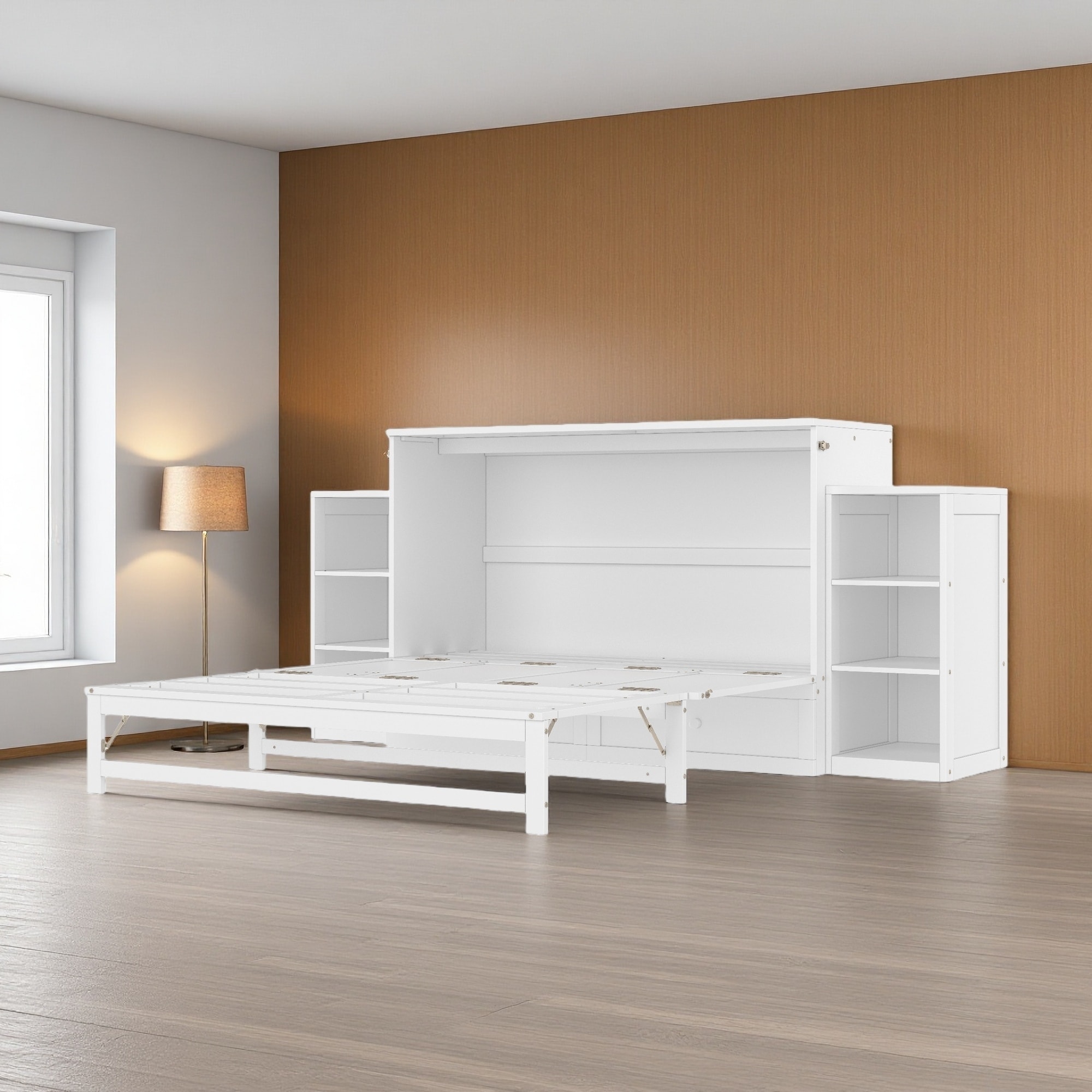 Queen Size Murphy Bed with Spacious Storage Drawers and Shelves, Pine Wood Frame, Space-Saving Design for Guest Rooms