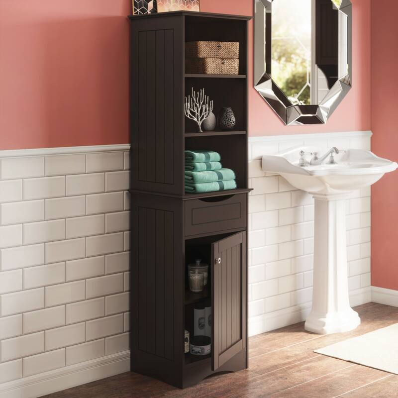 RiverRidge Ashland Tall Bathroom Storage Linen Cabinet and Organizer with Drawer and Shelves
