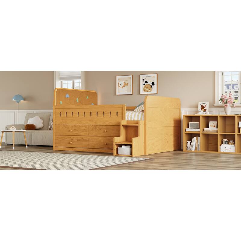 GDFStudio - Wooden Bed with Storage Drawers, Ladder Shelves and LED