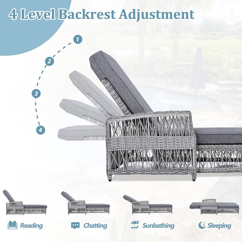 Outdoor Lounge Chairs Set of 2, Adjustable Poolside Wicker Recliners with Armrests for Relaxation