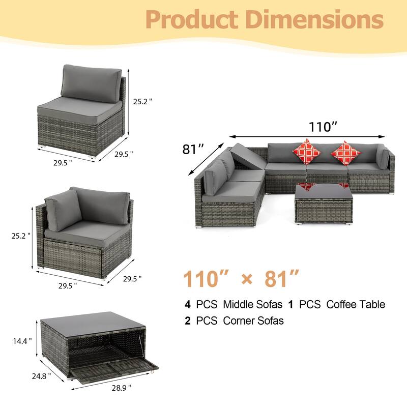 EROMMY 6/7 Piece Modular Outdoor Rattan Sofa Set, All-Weather Wicker Patio Furniture with Storage Table, Cushions & Pillows