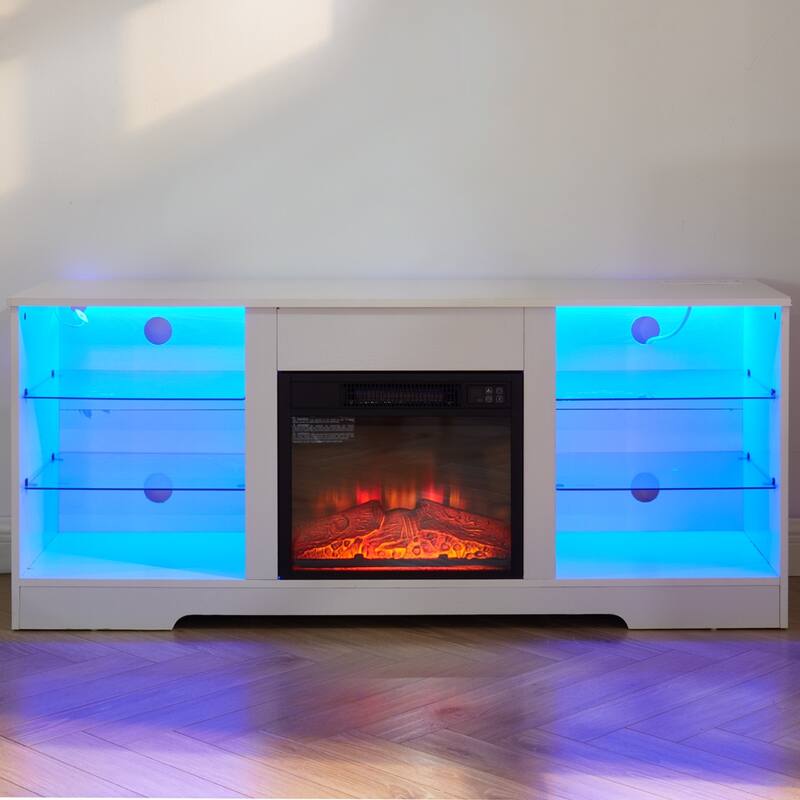 Modern 3D Fireplace TV Stand with USB Ports, LED Color Options, and Glass Storage Shelves for TVs 32-62'' - Black
