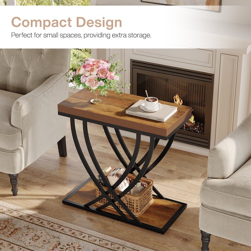 Industrial End Table with Storage, Narrow Small Side Table with Metal Frame