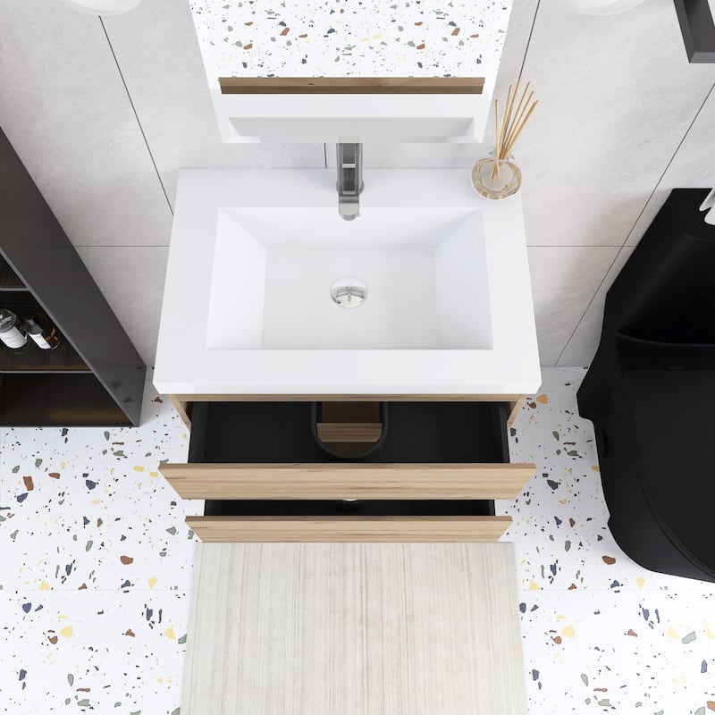 Angela Wall Mounted Bathroom Vanity in F. Oak with White Cultured Marble Top