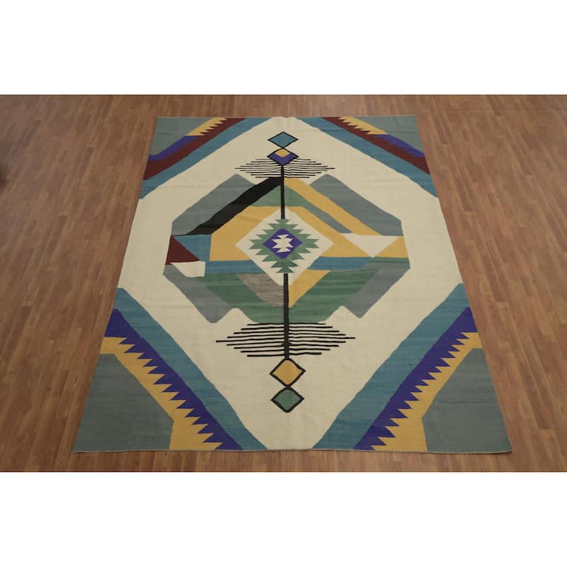 Hand Woven Oriental 100% Wool Carpet Southwestern Modern Beige & Ivories Kilim Area Rug - 11' 11'' X 8' 8''