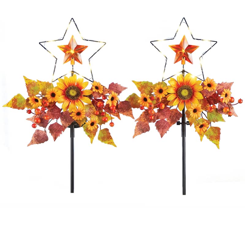 Solar Powered Autumn Star Floral Garden Stakes - Set of 2 - 32 x 25.25 x 4
