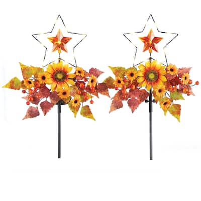 Solar Powered Autumn Star Floral Garden Stakes - Set of 2 - 32 x 25.25 x 4