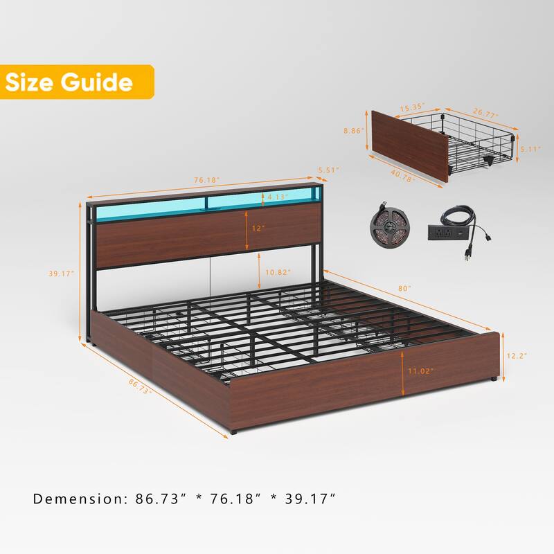 Queen Bed Frame with Storage Headboard, Charging Station, LED Lights, and Easy Assembly