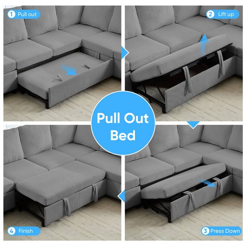Mixoy 6 Seat U-Shaped Modular Sectional Sofa with Pull Out Bed, Sleeper Sofa Bed with Cup Holders & Storage