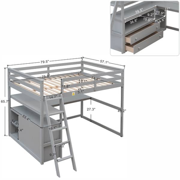 Full Size Loft Bed with Built-in Desk Shelving and Storage Drawers Solid Wood Frame with Ladder