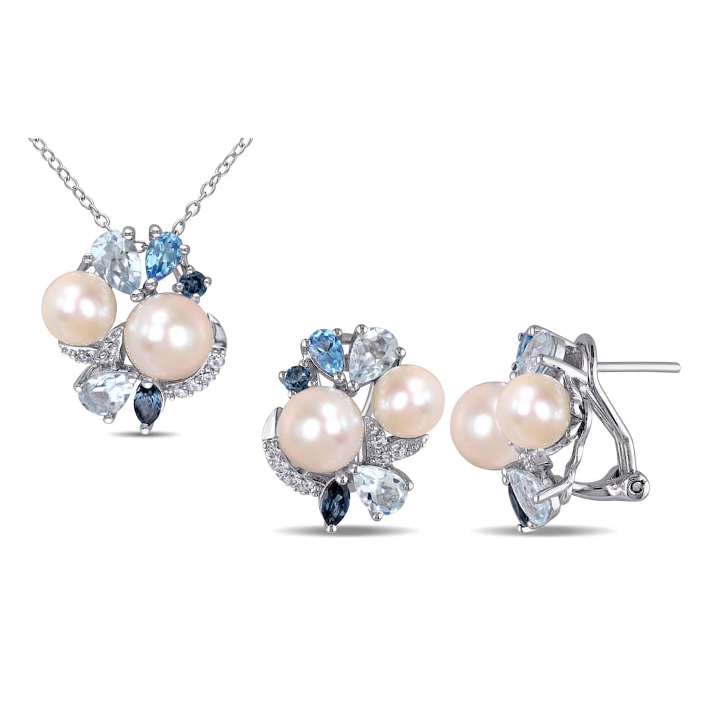 Miadora Cultured Freshwater Pearl 4 7/8ct TGW Created White Sapphire Blue Topaz Jewelry Set