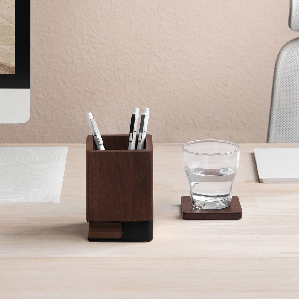 Jani Wooden Pen Cup Holder with 2 Coasters - Stained Mango Wood & Powder-Coated Metal Organizer for Home, Office & Living Spaces