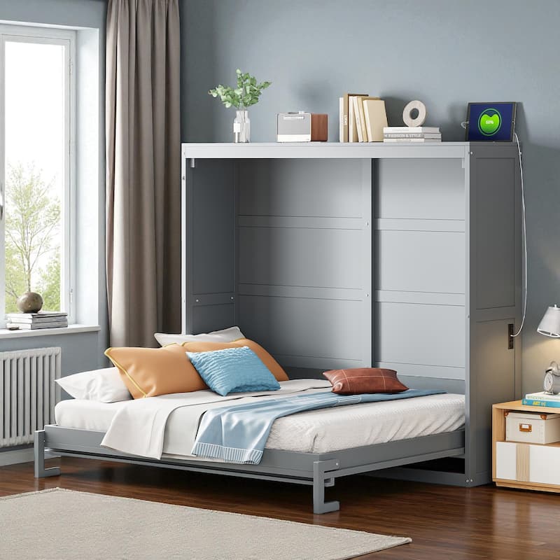 Full/Queen Size Murphy Wall Bed with Cabinet, Space-Saving Fold-Out Bed with Slat Support, No Box Spring Needed