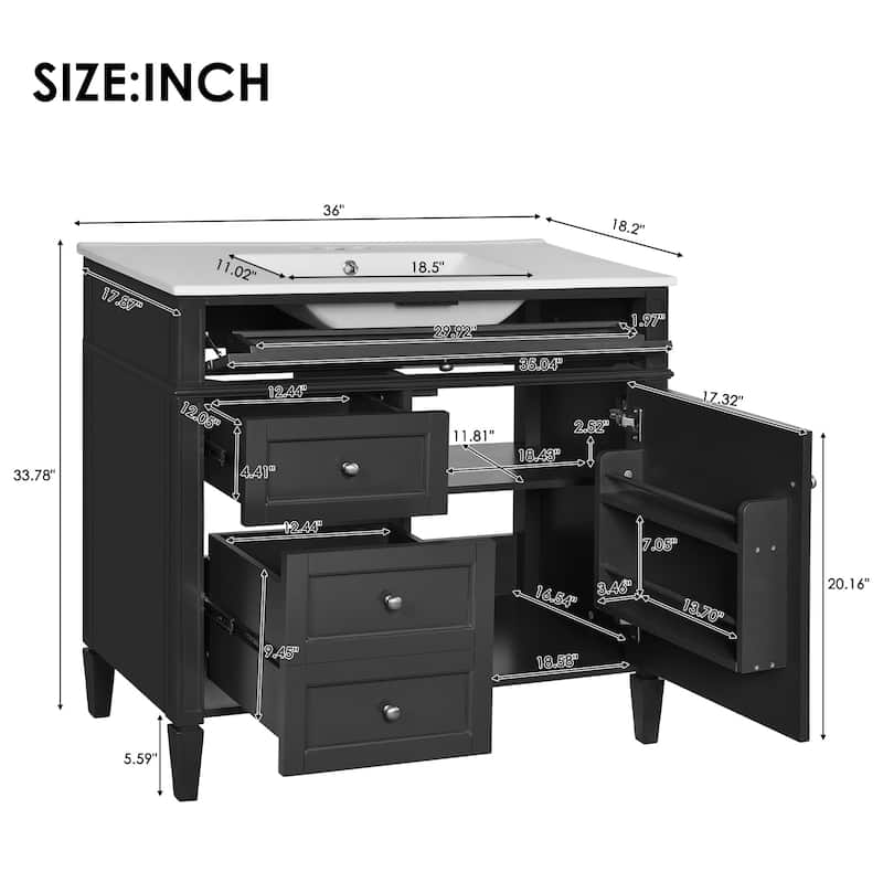 36 Inch Bathroom Vanity with Sink Top, Freestanding Storage Cabinet with 3 Drawers and Single Door, Modern Style