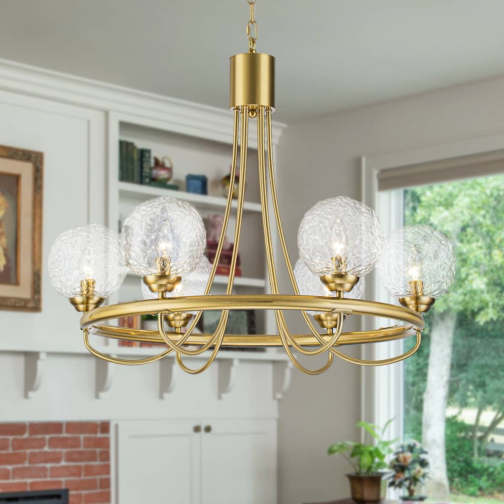 6 Light Brushed Gold Chandelier Clear Water-Ripple Glass Globe Shades - Dia.29.13 inch