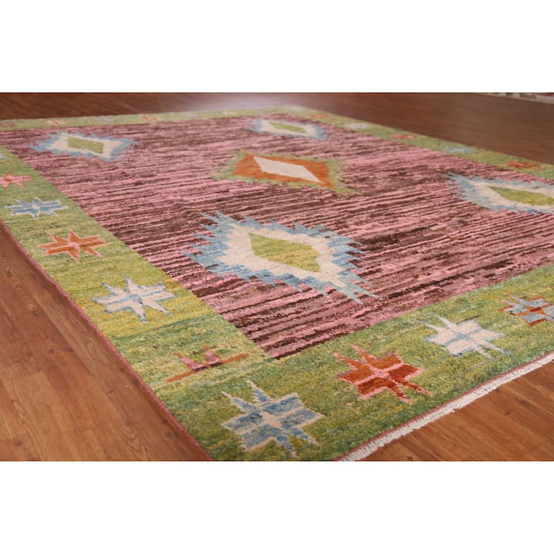 Pink Geometric Moroccan Oriental Rug Hand-Knotted Wool Carpet - 9'3" x 11'10" - 9'3" x 11'10" - Pink