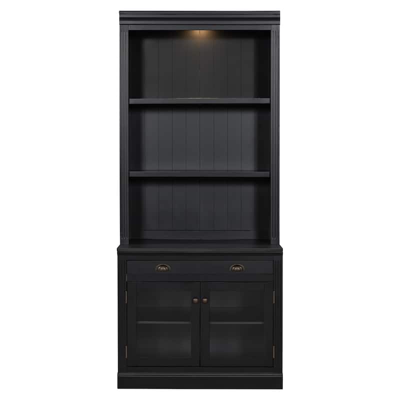 83.4" Modern Bookshelf Suite with LED Lights, Glass Doors, Drawers & Open Shelves, 2-Piece Storage Bookcase Set for Home Office