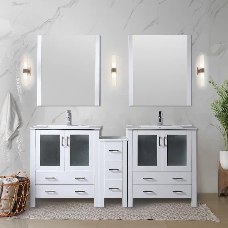 Lexora Volez 72 Inch Bathroom Vanity Cabinet in White with Top and Mirror - Polished - White - Double Vanities