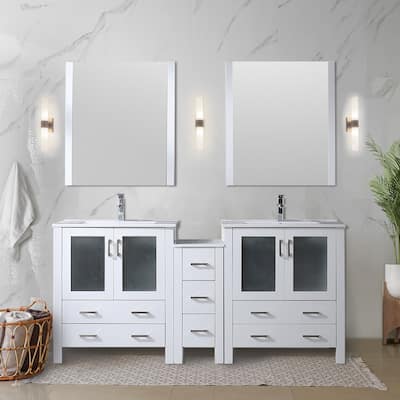 Lexora Volez 72 Inch Bathroom Vanity Cabinet in White with Top and Mirror