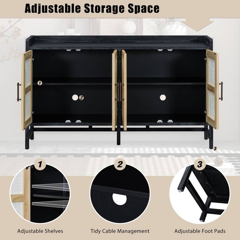 Rustic Sideboard Buffet Cabinet with Rattan Doors, Adjustable Shelves and Storage, 60" Cabinet for Entryway or Kitchen