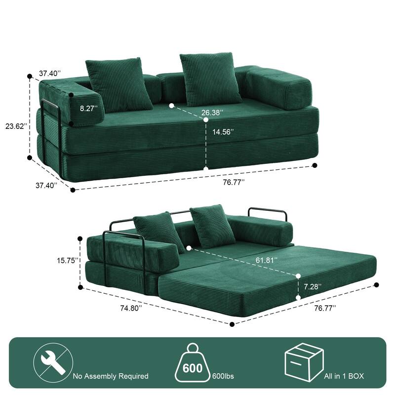 Convertible Futon Couch Lounge Sleeper Bed Bed-with Pillow Back Support Armrest