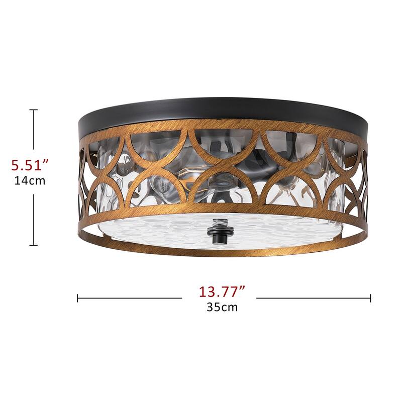 Matte Black 2-Light Rippled Glass Flush Mount Ceiling Light with Antique Brass Metal Shade