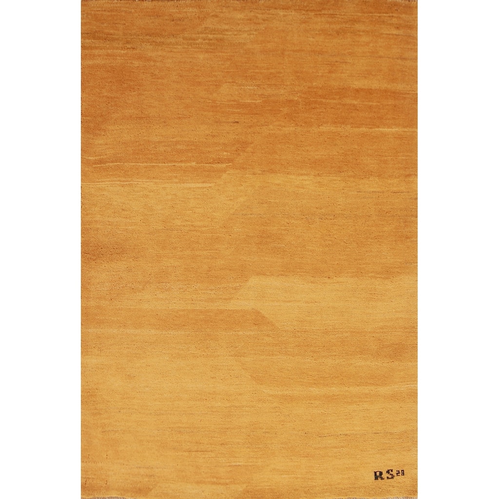 Yellow Gold Modern Gabbeh Oriental Rug Hand-Knotted Wool Carpet - 3'5" x 4'10"