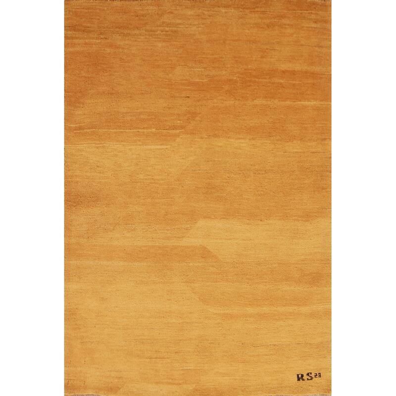 Yellow Gold Modern Gabbeh Oriental Rug Hand-Knotted Wool Carpet - 3'5" x 4'10"