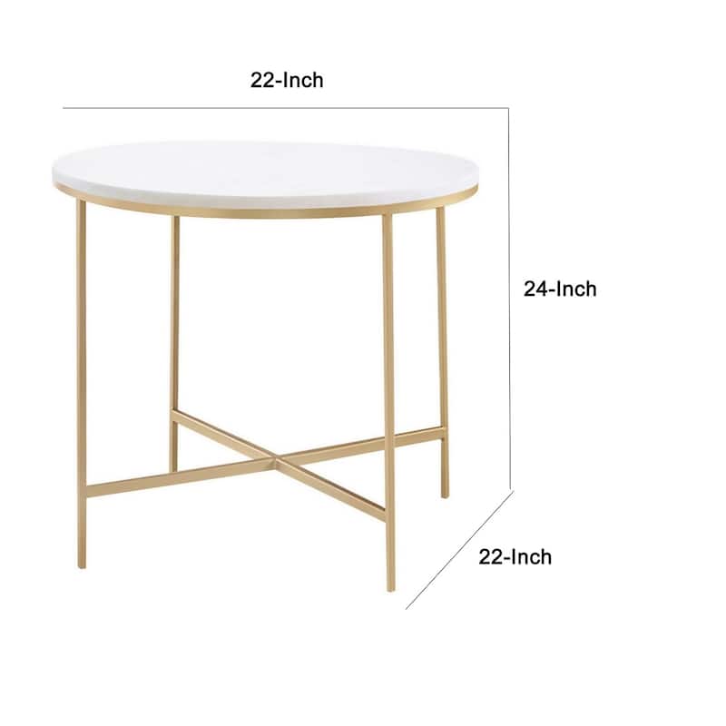 22 in. White and Gold Round Faux Marble End Table, Sturdy Build End Side Table for Living Rooms