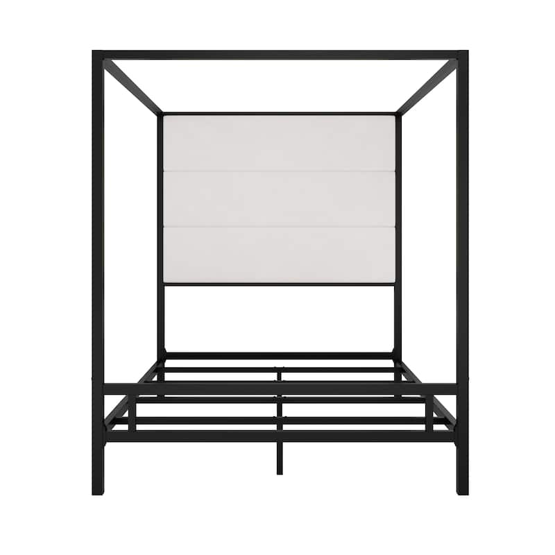 Metal 4-Poster Bed Frame Modern Canopy Upholstered Bed with Tall Upholstered Headboard