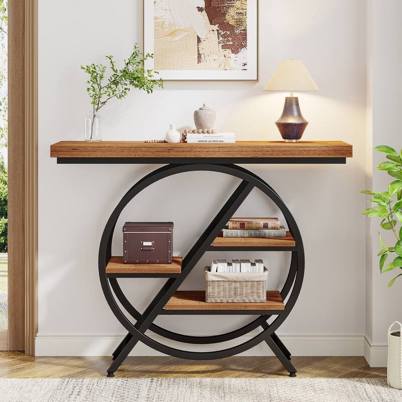 4-Tier Console Table for Entryway, Industrial Sofa Table with Storage Shelves and Geometric Base - 11.8"D x 39.4"W x 32.3"H