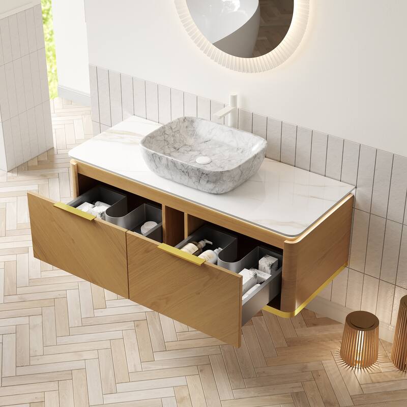 48" Bathroom Vanity with Vessel Sink Floating Storage Cabinet with Sensor Light and 2 Drawers, Pre-assembled