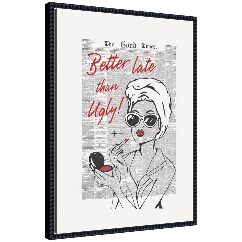 Kate and Laurel Better Late Than Ugly Newspapers by Honey Island Studio Framed Canvas Wall Art Print - 18 x 24