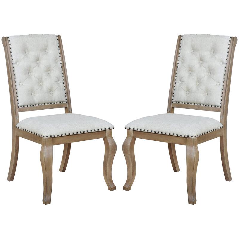 Rolled Back Design Button Tufted Cream Upholstered Dining Chairs with Nailhead Trim (Set of 2)