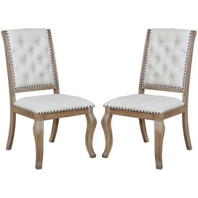 Rolled Back Design Button Tufted Cream Upholstered Dining Chairs with Nailhead Trim (Set of 2)
