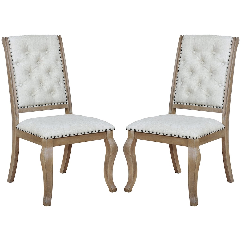 Rolled Back Design Button Tufted Cream Upholstered Dining Chairs with Nailhead Trim (Set of 2)