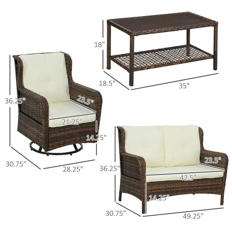 4PCS Rocking PE Rattan Patio Set,Loveseat Teak Table,Weatherproof