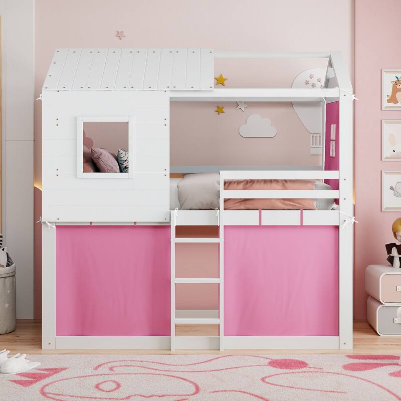 Playhouse Bed Floor Bunk Bed Kids Loft Bed with Tent