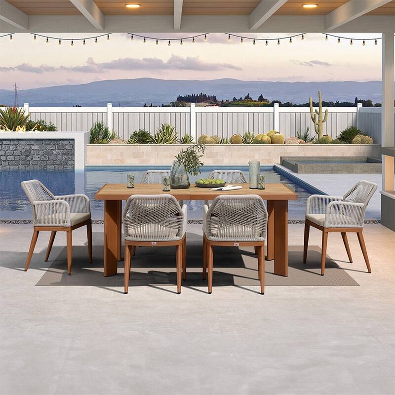 PURPLE LEAF Dining Set Patio Metal Rectangular Table and Wicker Rattan Chairs for Outside Porch Modern Outdoor Furniture Sets