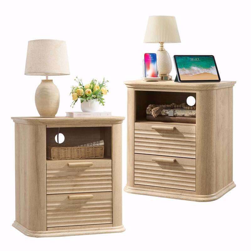 22" Fluted Nightstand with Charging Station - Modern End Table with 2 Drawers and Open Storage