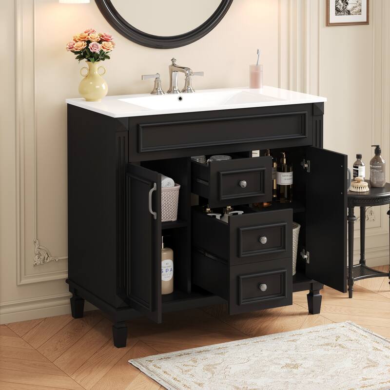 GDFStudio - Carrinford Modern Freestanding Bathroom Vanity with Ceramic Sink and 2 Soft Closing Doors & 2 Drawers - Black