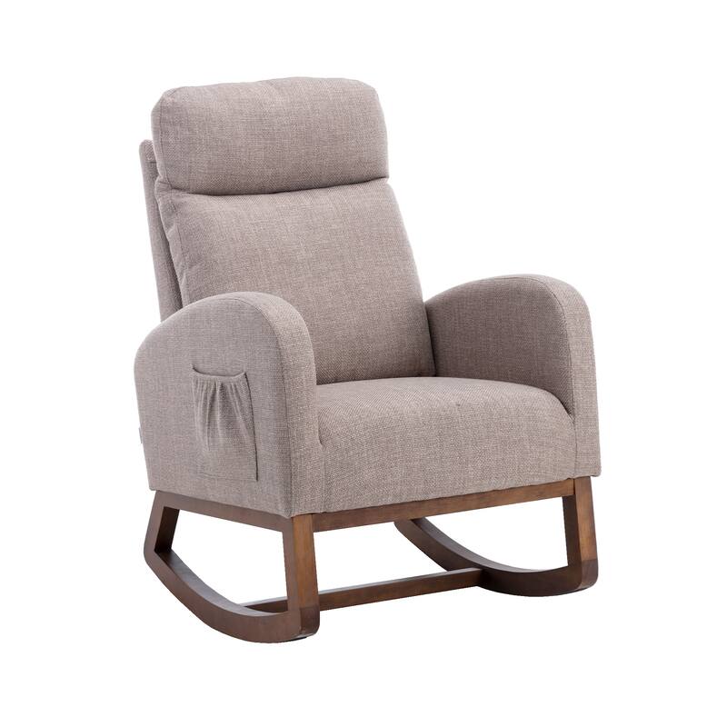 Linen High-Back Rocking Chair with Recliner Function, Side Pocket, and Solid Wood Legs