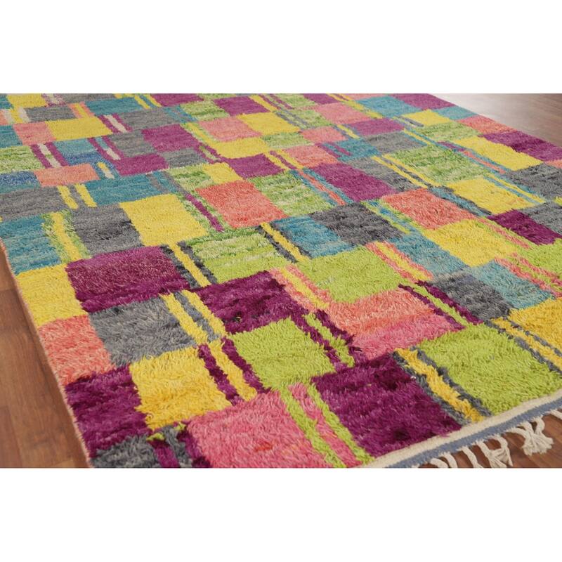 Colorful Checkered Moroccan Oriental Area Rug Handmade Wool Carpet - 6'10" x 10'6"