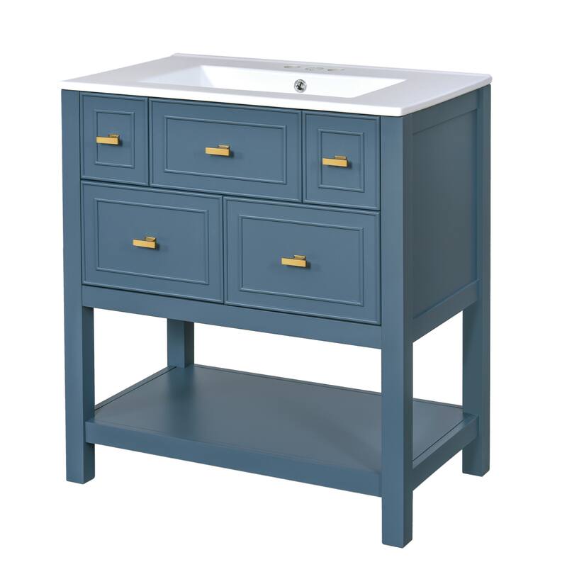 Bathroom Vanity with Ceramic Sink, Bathroom Storage Cabinet with 5 Drawers, Bathroom Vanity Set with Open Shelf