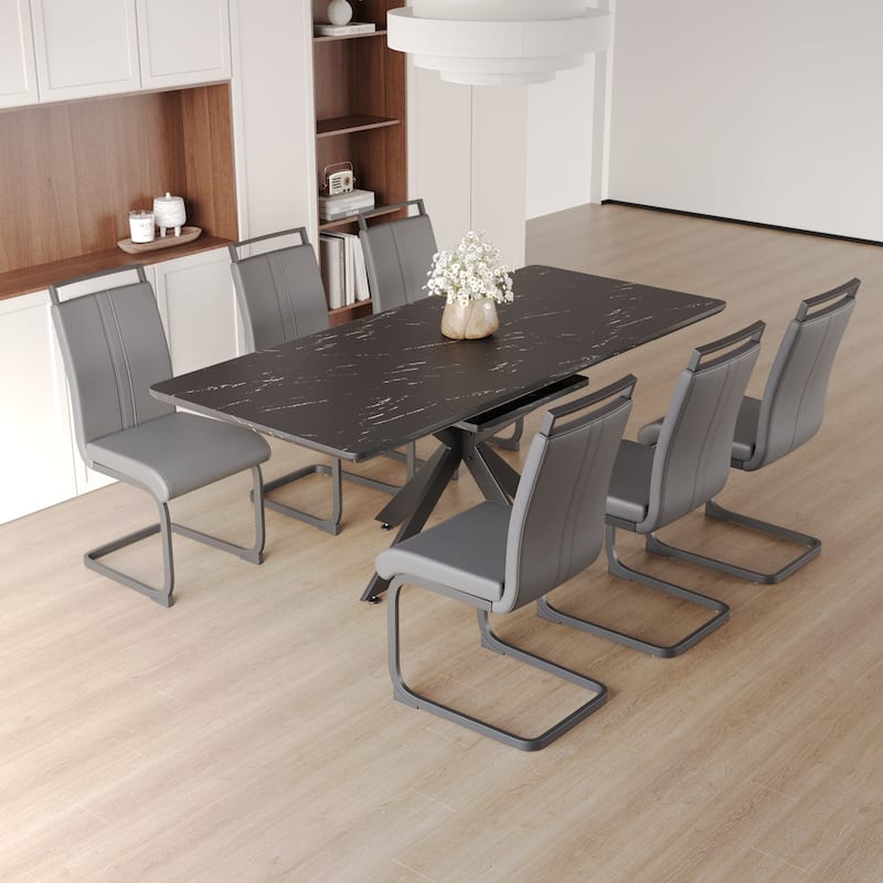 Modern Dining Set with Rectangular Extendable Table & High Back C-shaped Tube Armless Chairs