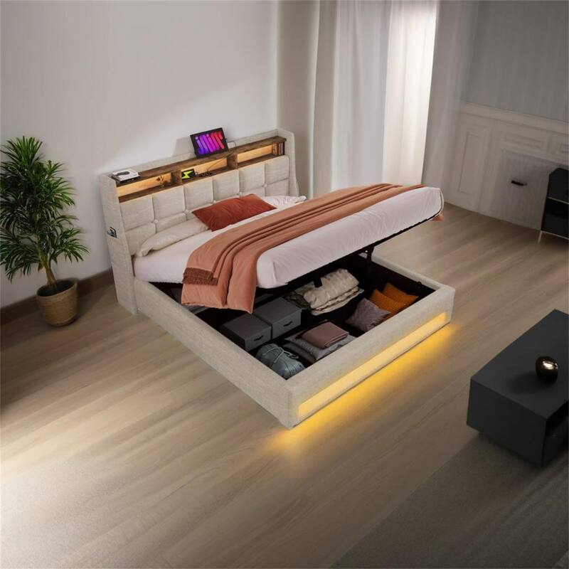 Queen size Upholstered Platform bed with a Hydraulic Storage System